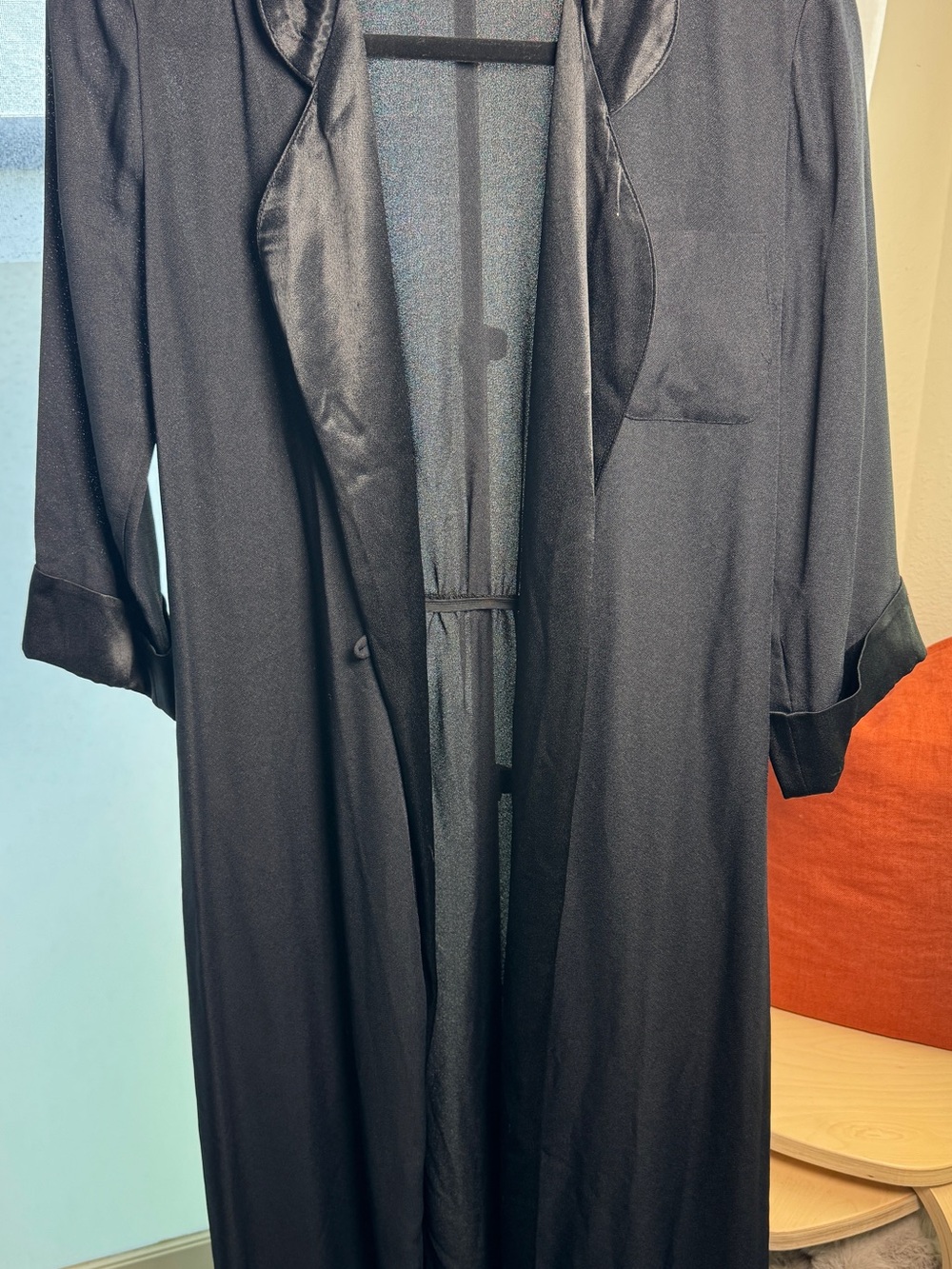 Vintage Long Black Tux Satin-Trim Duster